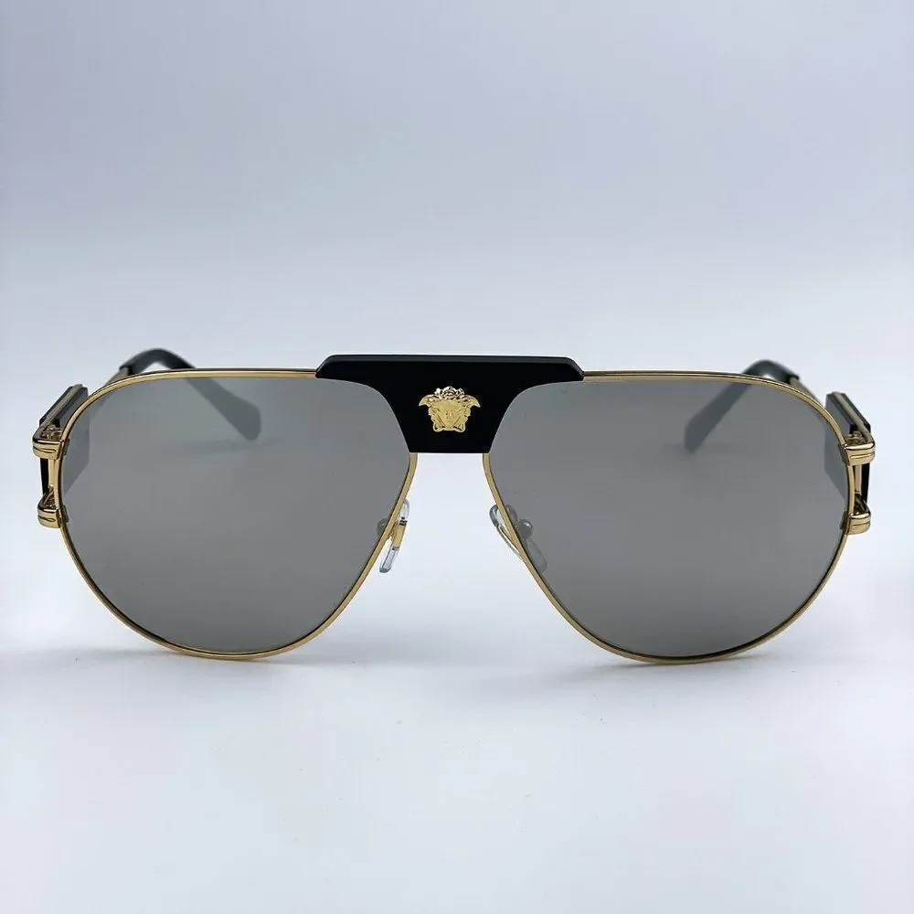 NEW Versace VE2252 10026G Gold Mirror Grey Metal Pilot Men Sunglasses